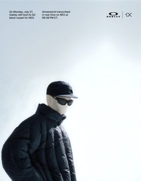 A promotional image showing a person in a black puffer jacket, cap, and sunglasses with text noting "On Monday, July 21, Oakley will host its Q2 black carpet for NEO," alongside Oakley and IX logos.