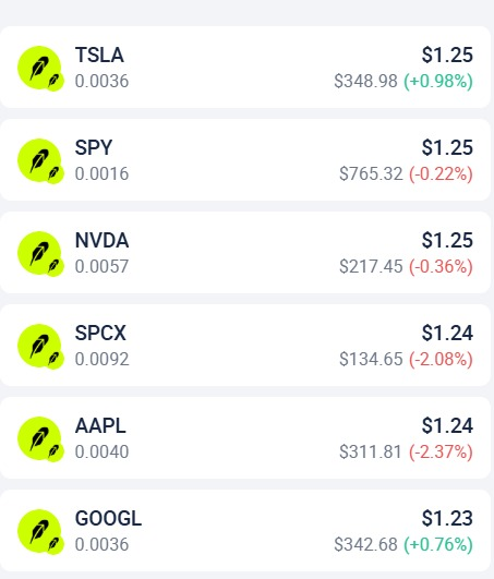 A stock portfolio screen showing holdings in TSLA, SPY, NVDA, SPCX, AAPL, and GOOGL with their prices and percentage changes.