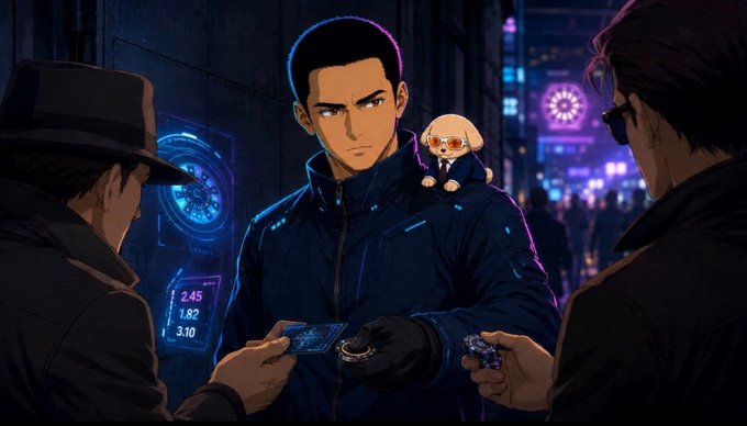 An anime-style illustration shows a man in a blue jacket with a small creature on his shoulder, facing two other characters in a neon-lit city setting at night, with one character holding a card.