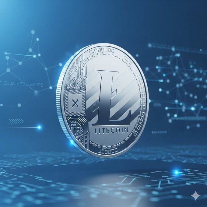 A silver physical Litecoin (LTC) cryptocurrency coin is displayed against a blue digital background featuring network connection lines and circuit patterns.