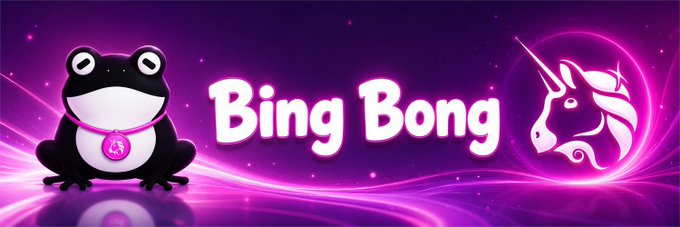 A vibrant purple banner features a cartoon frog mascot wearing a "$B" pendant necklace on the left, the bold text "Bing Bong" in the center, and a unicorn head emblem inside a glowing pink circle on the right, visually branding the $BingBong crypto project being promoted as a rising standout on Robinhood Chain.