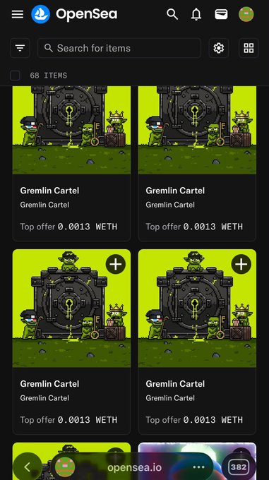 A screenshot of the OpenSea NFT marketplace displaying 68 items from the "Gremlin Cartel" collection, all showing a top offer of 0.0013 WETH. The image shows pixel-art gremlin characters, which aligns with the post about the user's first mint on Robinhood and giving away spots to their community.