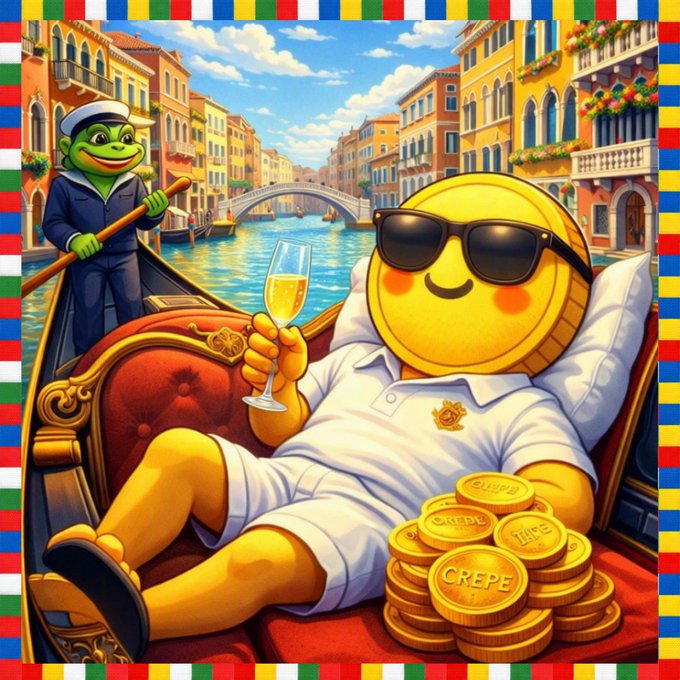 A vibrant cartoon illustration shows a large gold coin character wearing sunglasses, lounging on a red cushion in a gondola through a Venetian canal, sipping champagne from a glass beside a stack of 'CREPE' tokens. A green frog in a sailor outfit rows the boat, all framed by a colorful striped border.
