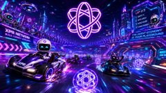 The image features a racing scene with several cars, including one painted purple that is being driven by a person wearing a white helmet. The background shows buildings illuminated in purple neon lights, creating an immersive digital art piece. A large purple atom appears within the picture, possibly related to the theme of the racing activity. Additionally, there is text on the image that provides more context or explanation about the content: "Some chains are built for speculation. XPR Network is built for activity." and "Focus on what is in the image and how it relates to the post".