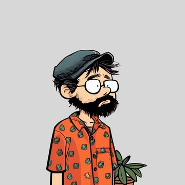 Cartoon-style illustration of a bearded man wearing round glasses, a gray flat cap, and an orange button-up shirt with green patterns, holding a potted succulent.