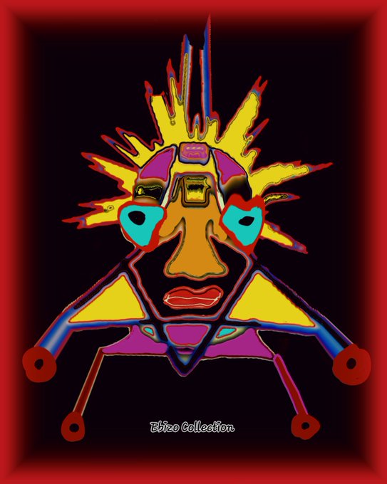 A vibrant abstract digital portrait of a crowned figure with a spiky yellow and purple headdress, mismatched teal eyes, and geometric red and yellow body details against a black background with a red border, with the text "Ebizo Collection" at the bottom. The artwork showcases the distinctive abstract style of artist Ebizo (A92), an authentic 1/1 edition NFT featured on OpenSea's Polygon blockchain.