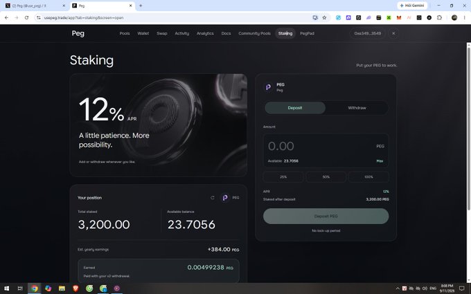 A screenshot of a PEG staking page on swap.trade showing a 12% APR, with a total staked amount of 3,200.00 and available balance of 23.7056 PEG.