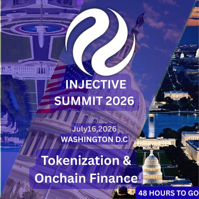A promotional poster for 'INJECTIVE SUMMIT 2026' on July 16, 2026 in Washington D.C. focuses on 'Tokenization & Onchain Finance', with a countdown noting '48 HOURS TO GO'.