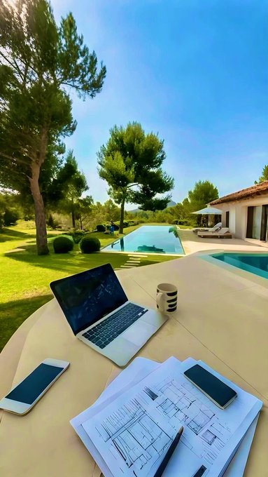 An open laptop with architectural plans and a phone sit on an outdoor table beside a pool, capturing the work-from-anywhere vibe of a Solana builder reviewing blueprints for on-chain infrastructure. The relaxed villa setting mirrors the post's message of stepping back from hype to focus on "actual plumbing" — here, literally drawing pipes while looking at plumbing for market makers via @flint_trade_.
