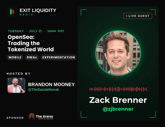 Exit Liquidity Media podcast announcement for Tuesday, July 21 at 10AM PST featuring host Brandon Mooney (@TheDazzleNovak) and live guest Zack Brenner (@zjbrenner) discussing 'OpenSea: Trading the Tokenized World,' with tags Mobile, RWAs, and Experimentation, sponsored by The Arena.