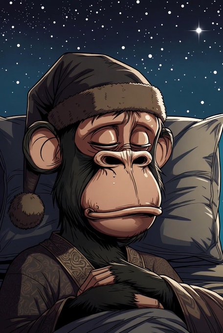 A digital illustration of a sleeping cartoon monkey wearing a Santa-style nightcap under a starry night sky.