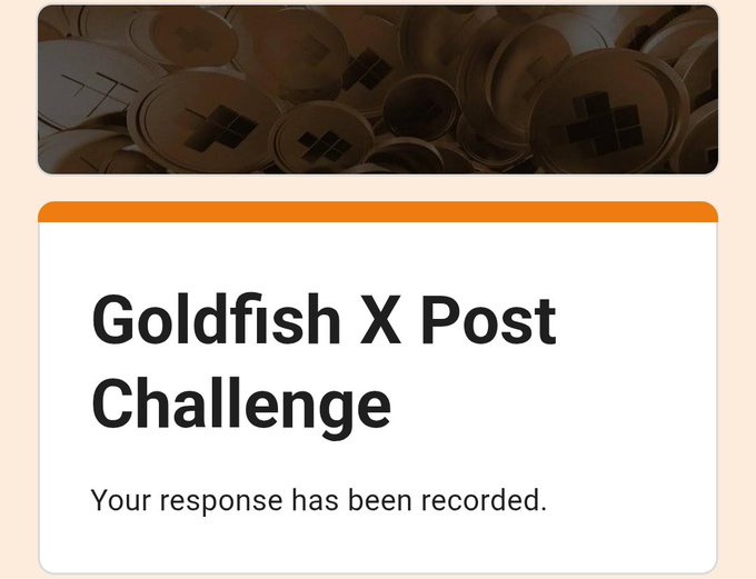 A notification card displays "Goldfish X Post Challenge" with the message "Your response has been recorded," confirming submission to the weekly X post challenge by @goldfishggbr regarding the Goldfish & ApeBond partnership for accumulating $GGBR tokens through discounted vesting.