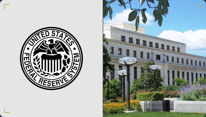 A split image showing the United States Federal Reserve System seal on the left and a photograph of the Federal Reserve building with its surrounding landscaped grounds on the right.