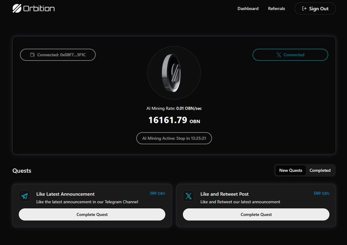 An Orbitlon dashboard interface shows an AI mining ring connected and active, with a balance of 16161.79 OBN, alongside available quests for liking Telegram posts and retweets.