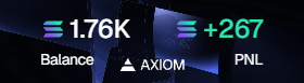 A trading dashboard shows an AXIOM balance of 1.76K with a daily PNL of +267, visually reinforcing the post's celebration of another profitable trading day.