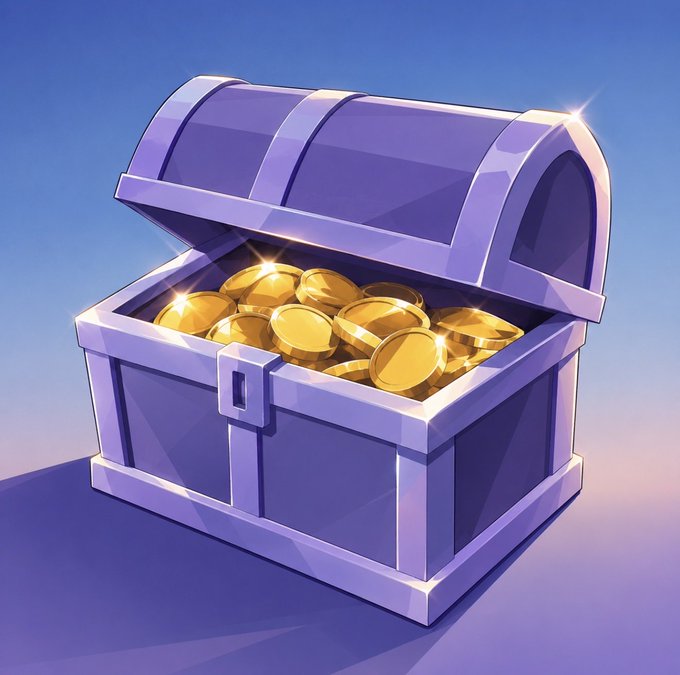 A digital illustration shows an open purple treasure chest filled with glowing gold coins against a blue sky background.