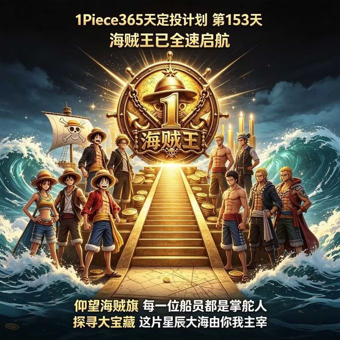 Chinese promotional poster for '1Piece365天定投计划 第153天 海贼王已全速启航' featuring One Piece anime characters standing on a golden staircase with a pirate ship and the Straw Hat Pirates emblem.