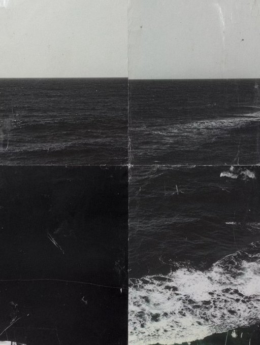 A black and white vintage-style photograph shows a choppy ocean with crashing waves, presented in a collage format with visible creases.
