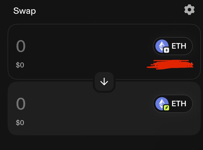 A cryptocurrency swap interface showing two fields both set to 0, with ETH tokens selected on each side and a red scribble covering text on the right.