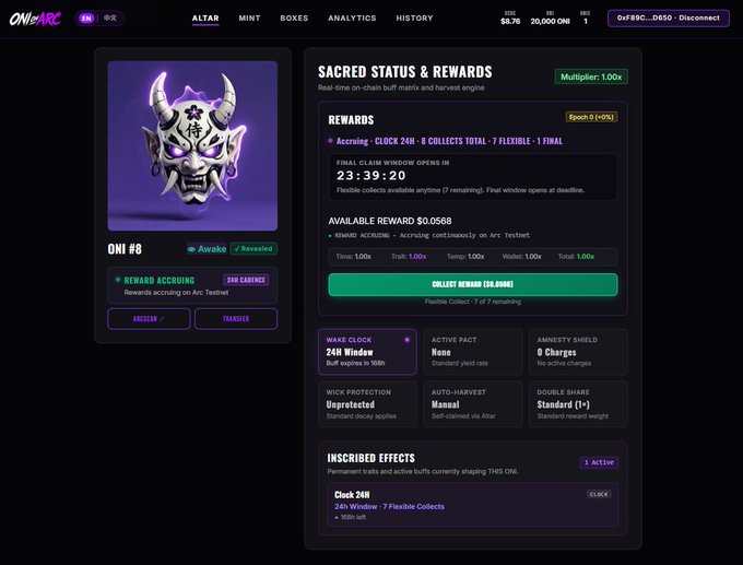 The image shows a dashboard for "ONI #8" on the OniARC testnet platform, displaying a purple oni mask NFT with sacred status details including a "Accruing - Clock 24H" reward (0.0588 ARC available), a final claim window countdown of 23:39:20, and an inscribed "Clock 24H" effect. It relates to the post by showcasing the actual user experience of the Oni Brokers platform on ARC testnet, featuring the altar interface with tabs for Mint, Boxes, Analytics, and History.