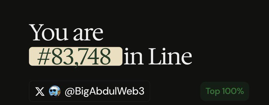 A queue position screen showing "You are #83,748 in Line" with the X handle @BigAbdulWeb3 and "Top 100%" indicator, representing the user's current place in the Arcus.xyz waitlist.