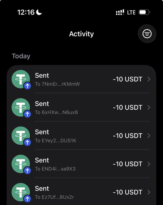 A screenshot of an Activity screen on a cryptocurrency wallet app showing multiple 'Sent' transactions of -10 USDT each to various addresses.