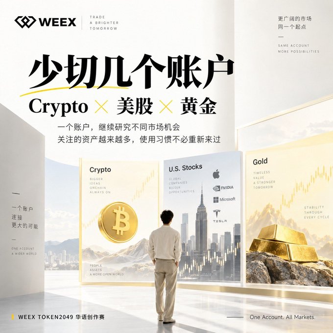 A WEEX cryptocurrency exchange advertisement in Chinese reads '少切几个账户 Crypto × 美股 × 黄金' (Fewer accounts, Crypto × US Stocks × Gold), featuring illustrations of Bitcoin, major company logos like Apple, Nvidia, and Microsoft, and gold bars.