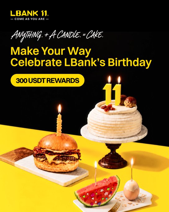 The image promotes LBank's 11th birthday celebration, featuring a creative tagline "Anything + A Candle = Cake" displayed alongside a burger, a watermelon slice, an egg, and a traditional cake, all adorned with candles, while announcing "300 USDT Rewards" for participants who share their unique "cake" creations.