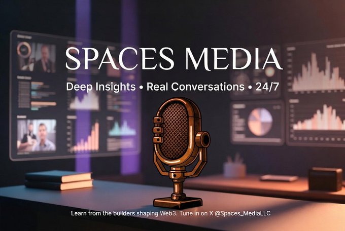 A promotional banner for "SPACES MEDIA" with the tagline "Deep Insights • Real Conversations • 24/7" featuring a vintage microphone and screens displaying analytics, directing viewers to follow @Spaces_MediaLLC on X.