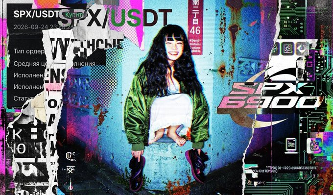 A grungy, cyberpunk-style promotional graphic featuring "SRX/USDT" with the date "2026-09-24" and an illustration of a smiling woman in a green jacket sitting on a blue block, with "SRX 8900" branding visible.