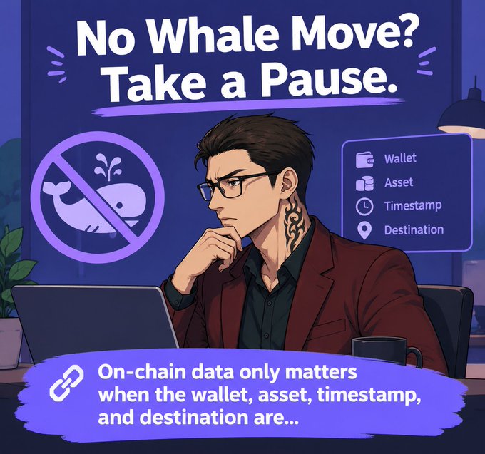 A cartoon illustration titled 'No Whale Move? Take a Pause,' showing a contemplative man with glasses and a neck tattoo at a laptop, accompanied by the message 'On-chain data only matters when the wallet, asset, timestamp, and destination are...' with a no-whale symbol.