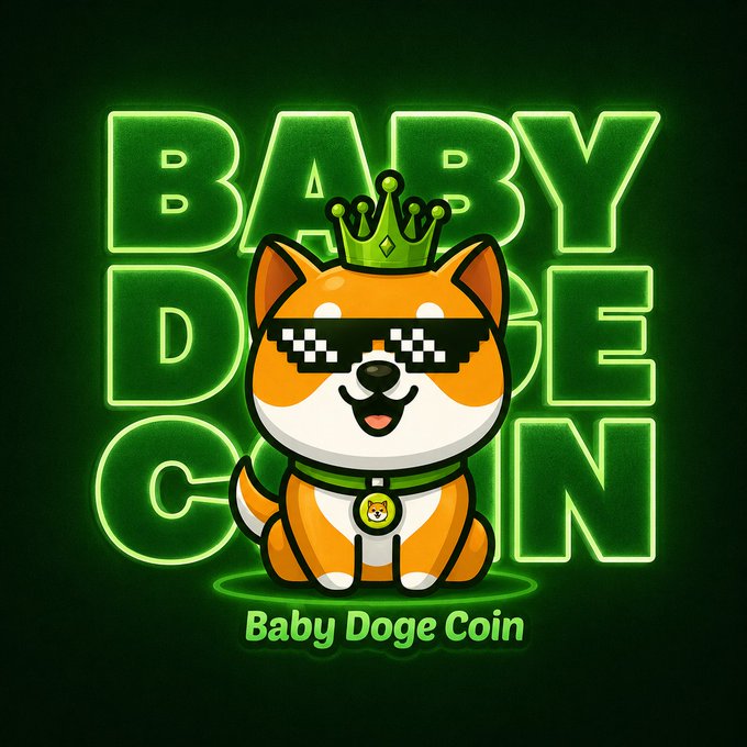 A cartoon Shiba Inu puppy wearing a green crown, pixelated sunglasses, and a collar sits centered against a glowing green neon "BABY DOGE COIN" backdrop, with the text "Baby Doge Coin" displayed beneath — illustrating the meme-inspired cryptocurrency's mascot.