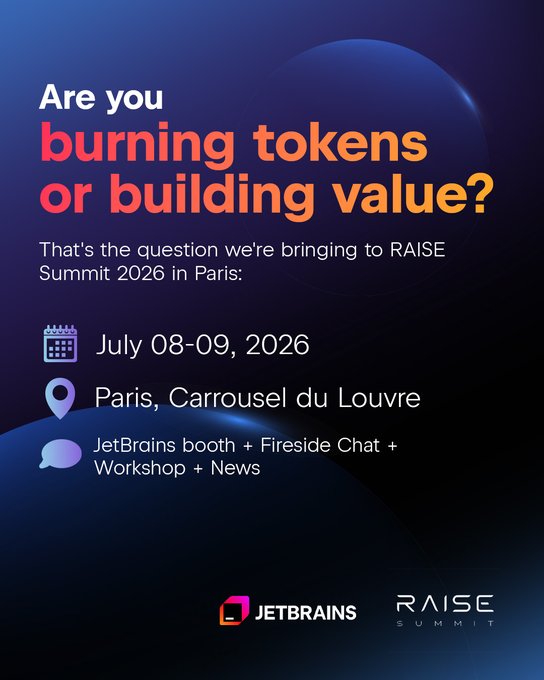Promotional graphic for JetBrains at RAISE Summit 2026, featuring the headline question "Are you burning tokens or building value?" in white and red text on a dark blue background, with event details: July 08-09, 2026, at the Paris Carrousel du Louvre, alongside icons for calendar, location, and chat, noting "JetBrains booth + Fireside Chat + Workshop + News," and displaying both the JetBrains and RAISE Summit logos at the bottom.