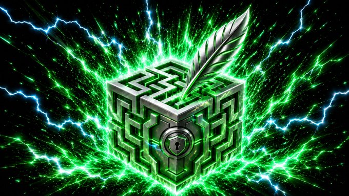 A digital artwork of a silver maze-patterned cube with a keyhole, pierced by a white quill feather, surrounded by green and blue electrical energy.