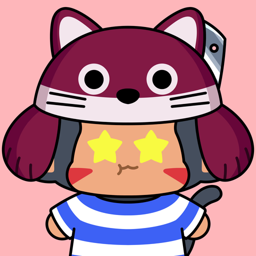 A cartoon illustration of a character with a purple cat hood, glowing yellow star eyes, and a blue and white striped shirt against a pink background.