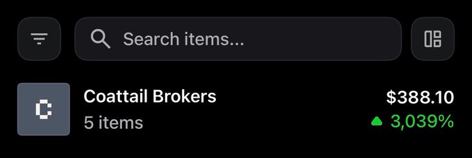 A dark-themed wallet interface displays a "Coattail Brokers" collection containing 5 items valued at $388.10, showing an impressive 3,039% gain, likely explaining the poster's excitement over their significant investment returns.