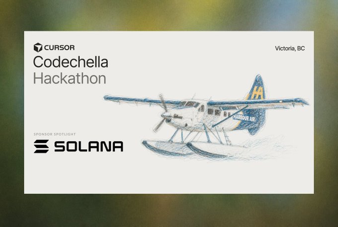 A promotional graphic for 'CURSOR Codechella Hackathon' in Victoria, BC, featuring a sketch illustration of a Harbour Air seaplane and the Solana logo under 'SPONSOR SPOTLIGHT'.