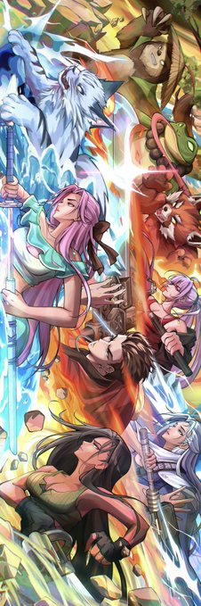 A dynamic fantasy battle scene featuring multiple characters—including warriors with weapons, characters with elemental powers (ice and fire), and mystical creatures—painted in a vibrant anime/comic style, commissioned by @ZeroxJaxx and tagged with #IKZ #Azuki @Azuki to showcase action-packed Azuki NFT-inspired artwork.