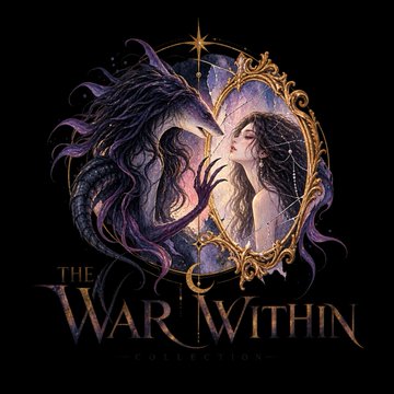 A fantasy book cover titled "THE WAR WITHIN - COLLECTION -" depicts a dramatic scene of a horned, purple-skinned figure facing off against a pale woman reflected in an ornate gold mirror.
