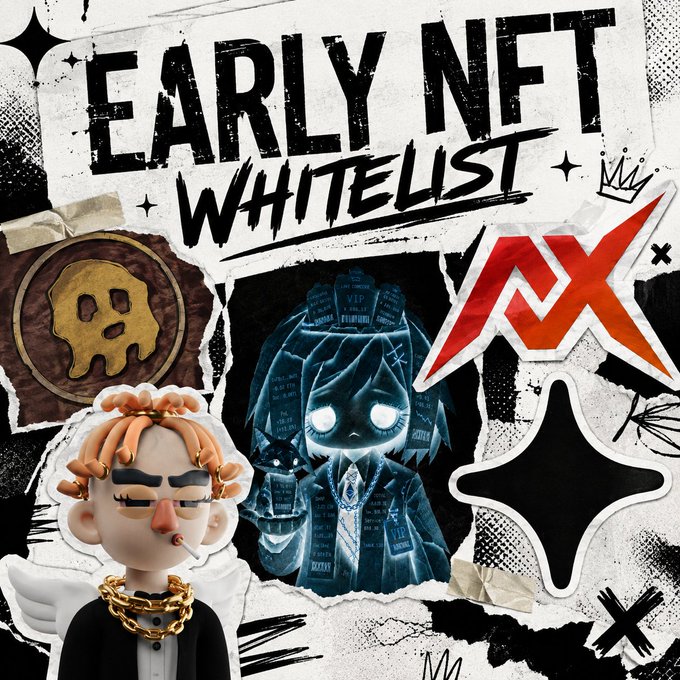 A collage-style promotional graphic with bold text 'EARLY NFT WHITELIST' featuring stylized 3D cartoon figures, a skull emblem, and graffiti elements on a black and white background.