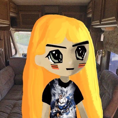 An animated chibi-style character with long yellow hair, large eyes, and blushing cheeks wearing a black anime-themed t-shirt, standing inside what appears to be an RV.