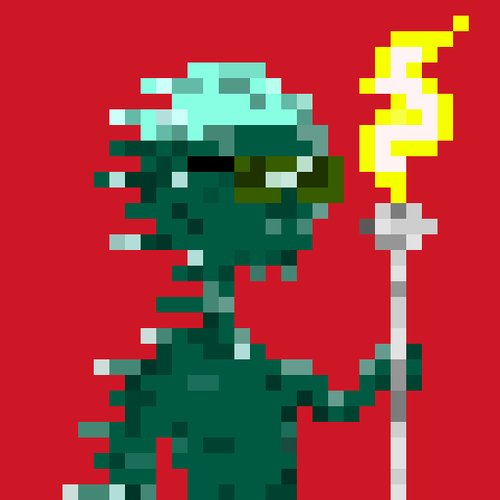 A pixel art illustration of a green, plant-like humanoid figure wearing sunglasses and holding a staff topped with a glowing yellow dollar sign against a solid red backdrop.