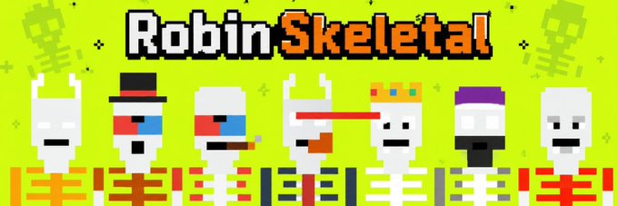 A pixel art title card for 'Robin Skeletal' displays seven pixelated skeleton characters with various hats and facial features against a bright yellow background.