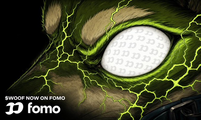 A close-up illustration of a dog's eye glowing with cracked green lightning veins overlays text reading "$WOOF NOW ON FOMO" alongside the fomo logo, visually amplifying the post's urgency about acquiring $WOOF tokens on Robinhood during what the author calls the "first inning" of its rise.
