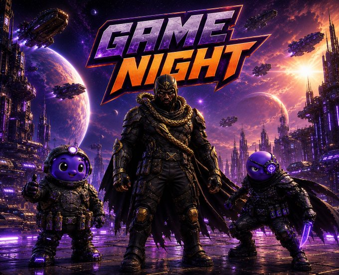 Promotional artwork for "GAME NIGHT" featuring a masked warrior flanked by two purple alien figures against a sci-fi cityscape backdrop.