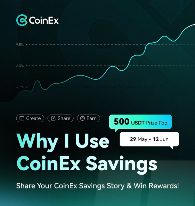 The image features a coinex savings advertisement. The text at the bottom of the image clearly states that "Why I use CoinEx Savings" and encourages people to share their coinsex stories, strategies, memes or videos with the hashtag "#coinsexsavingsstory". A prize pool is also included in the post for those who share their savings experiences on social media or other platforms. Additionally, there is text indicating that the winners have already won from this particular prize pool, hinting at the likelihood of winning the reward if someone shares their coinsex savings story and strategy.