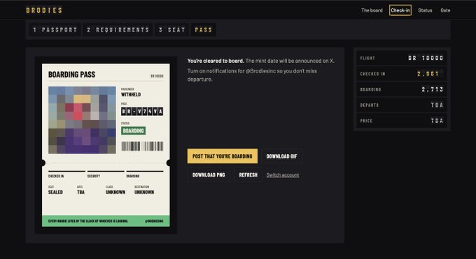 A digital 'BOARDING PASS' interface from a website called 'BRODIES', showing passenger 'WITHELD' flying 'UNKNOWN' to 'UNKNOWN', with a price of 1000D and options to post or download the pass.