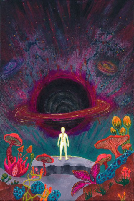 A vibrant, surreal painting depicting a glowing human silhouette standing on a rocky ledge before a swirling black hole, surrounded by glowing mushrooms, colorful coral-like flora, and distant galaxies in a cosmic sky.