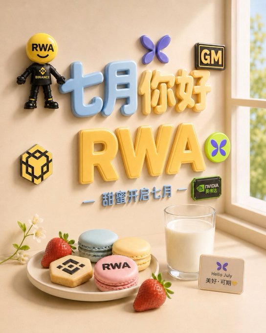 A festive 3D-style image with Chinese text '七月你好' (Hello July) and 'RWA' displayed on a sunny windowsill with macarons, a glass of milk, strawberries, and Binance/XRP/RWA themed figurines.