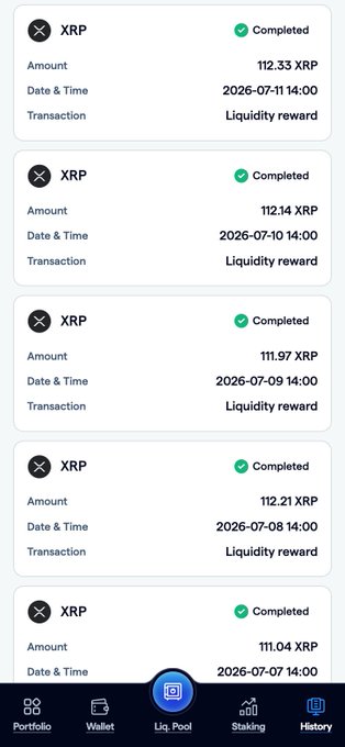 A mobile app interface displaying a history of completed XRP liquidity rewards from the Liquidity Pool section, showing daily payouts of approximately 111–112 XRP from July 7 to July 11, 2026, all marked with green "Completed" status.